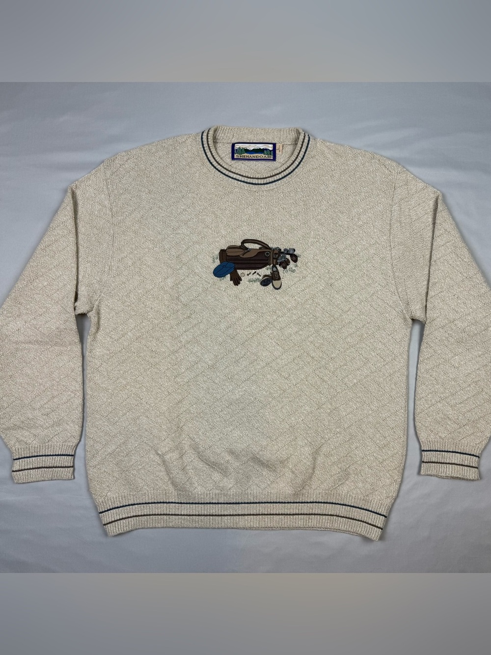 Vtg Shenandoah Mens Golf Bag Knit Sweater Sz Large 90s Made in USA Beige B4